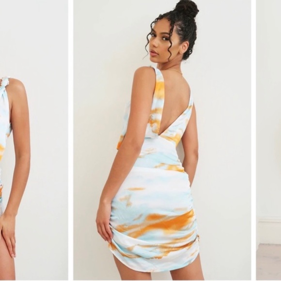 Tie Dye Satin Ruched Bodycon Dress With Knot Detail - Picture 6 of 10